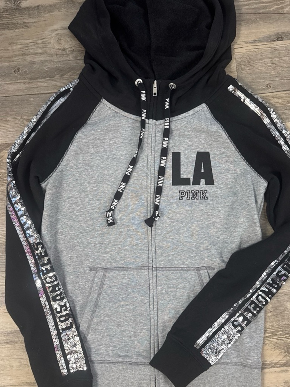 PINK Victoria's Secret Gray Body Black Sleeve Sequin-Trim Zip Hoodie